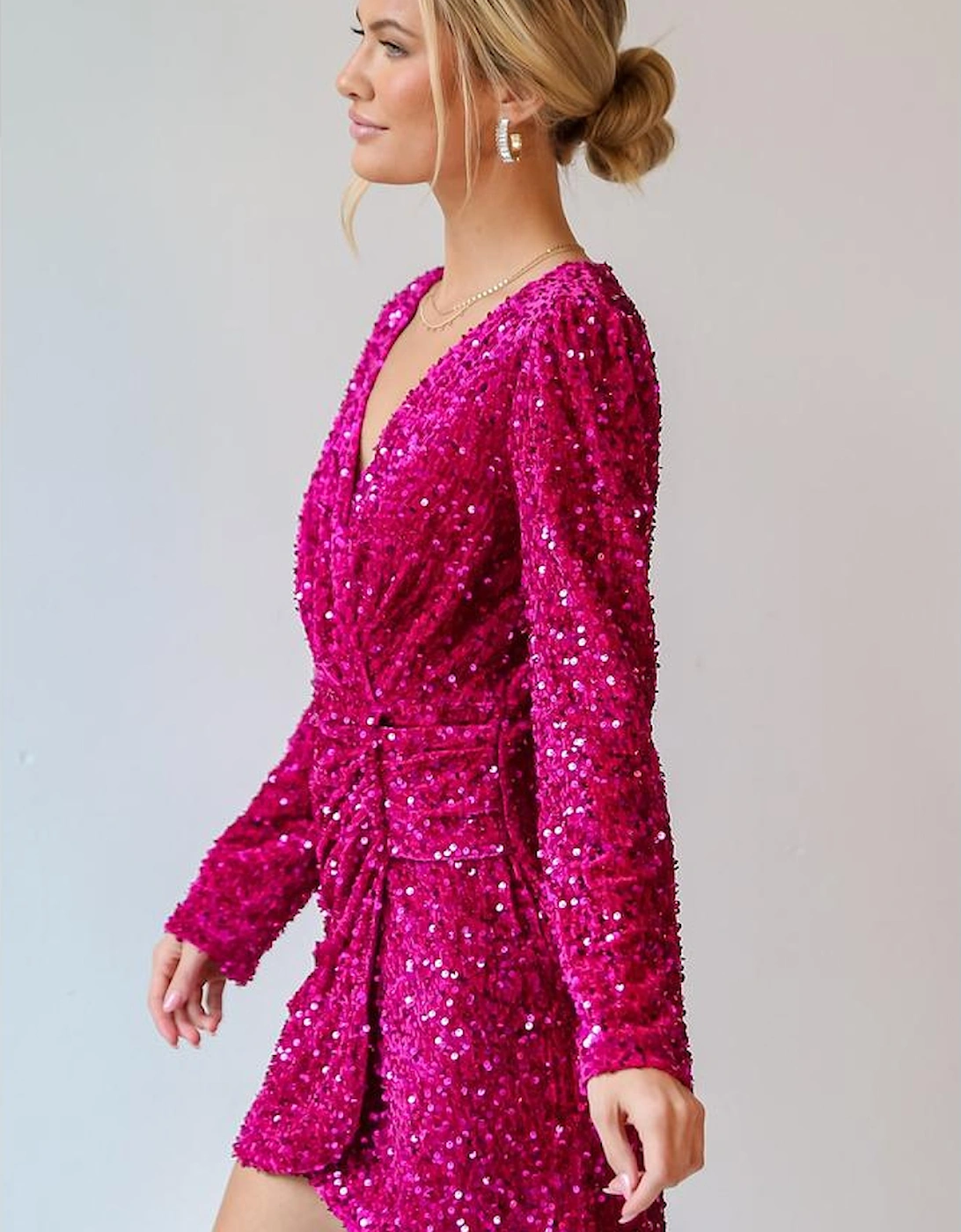 Pitaya Pink Velvet Sequin Long Sleeve V Neck Wrapped Mini Dress