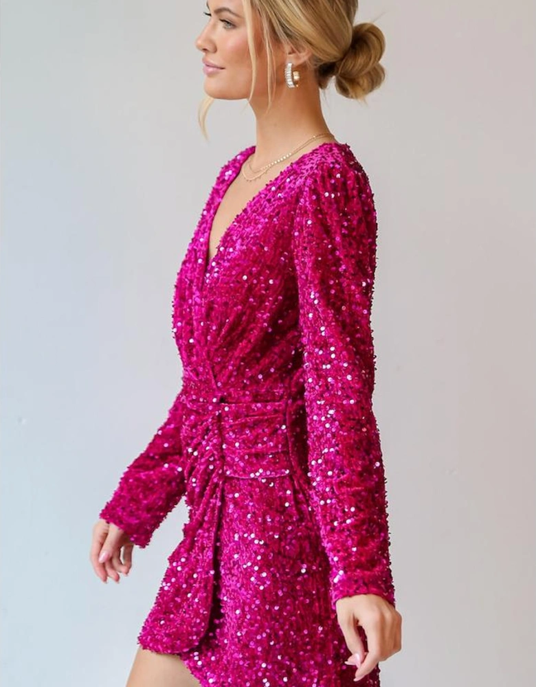 Pitaya Pink Velvet Sequin Long Sleeve V Neck Wrapped Mini Dress