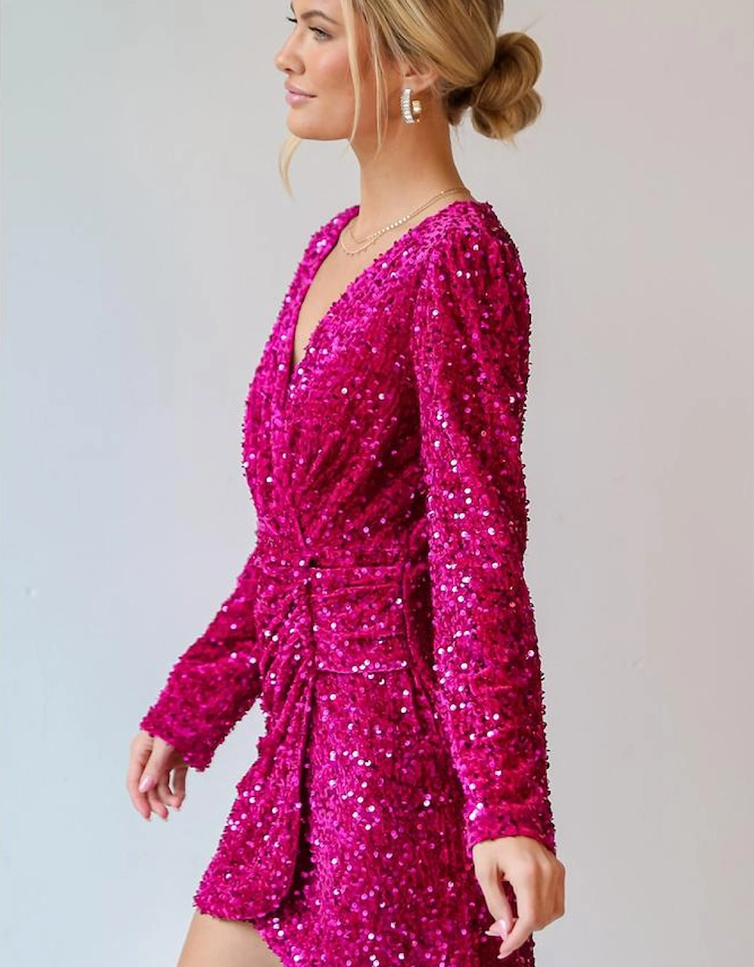 Pitaya Pink Velvet Sequin Long Sleeve V Neck Wrapped Mini Dress