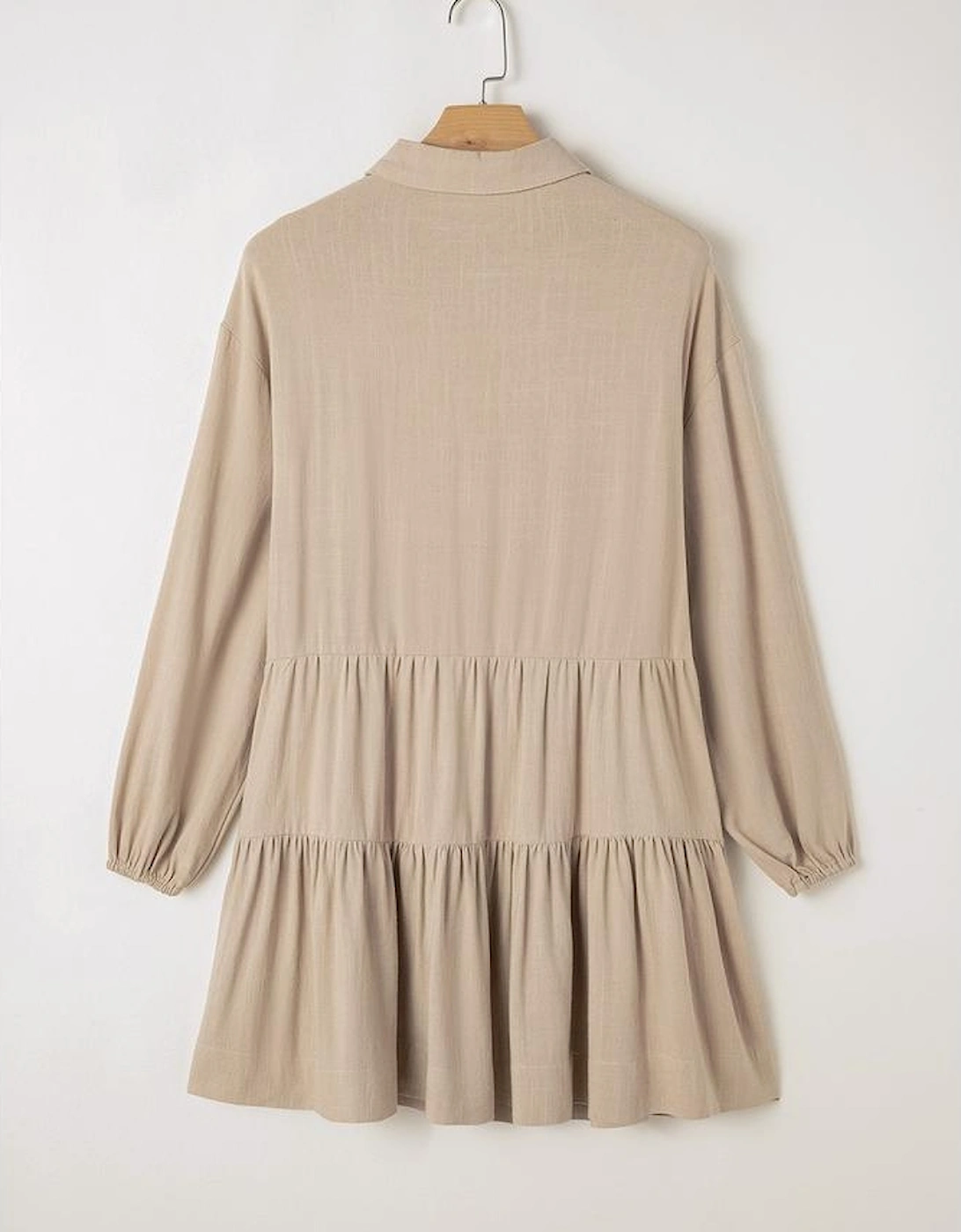 Tan Puff Sleeve Buttoned Tiered Pleated Shirt Mini Dress