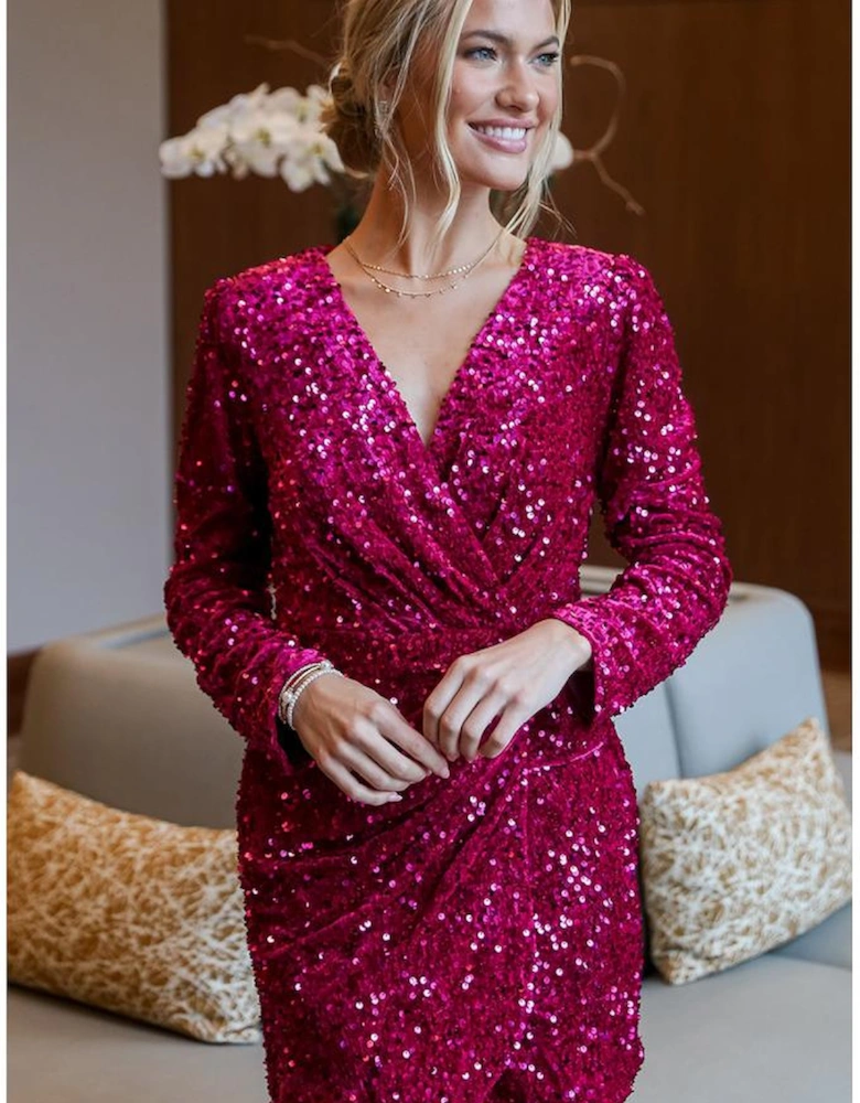 Pitaya Pink Velvet Sequin Long Sleeve V Neck Wrapped Mini Dress