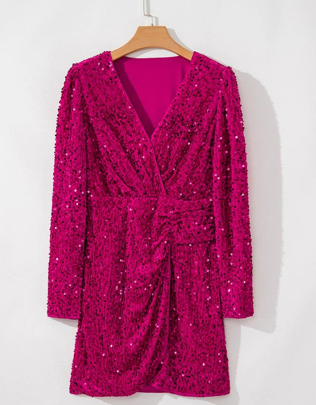 Pitaya Pink Velvet Sequin Long Sleeve V Neck Wrapped Mini Dress