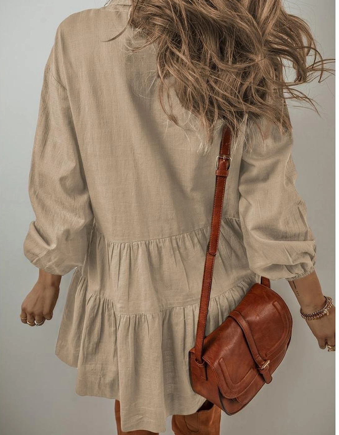 Tan Puff Sleeve Buttoned Tiered Pleated Shirt Mini Dress