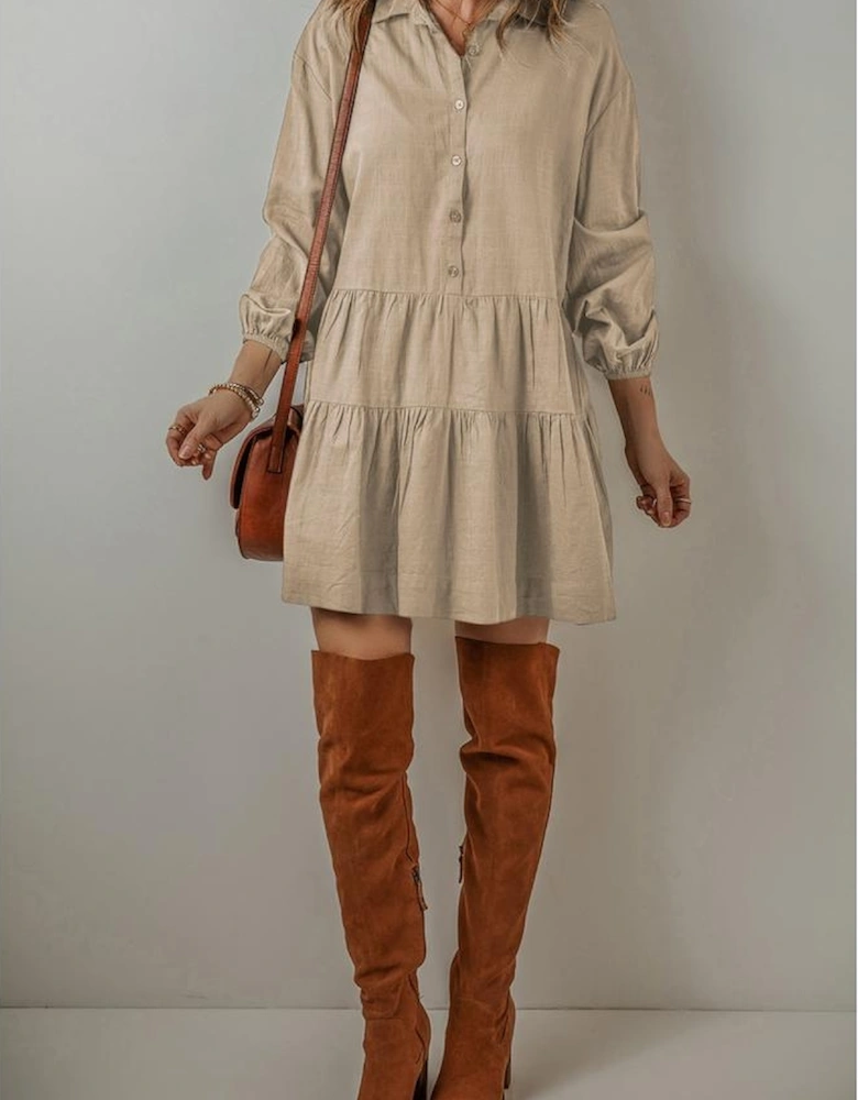 Tan Puff Sleeve Buttoned Tiered Pleated Shirt Mini Dress