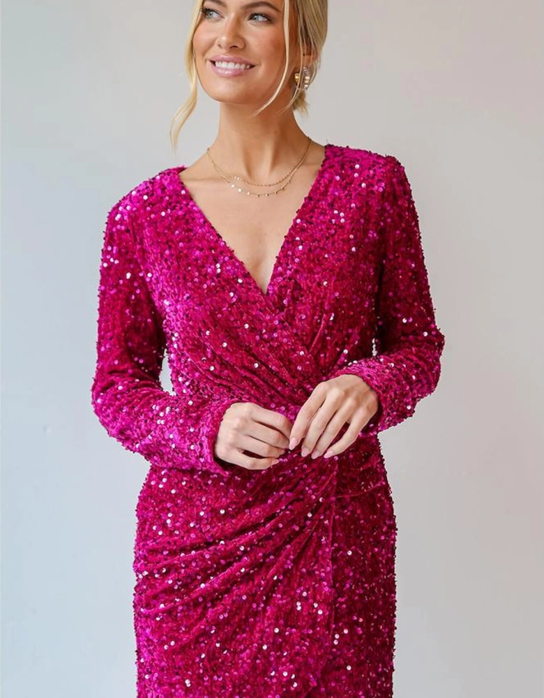 Pitaya Pink Velvet Sequin Long Sleeve V Neck Wrapped Mini Dress