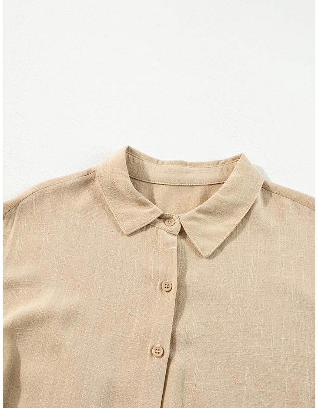 Tan Puff Sleeve Buttoned Tiered Pleated Shirt Mini Dress