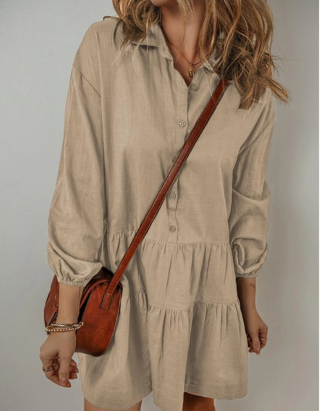 Tan Puff Sleeve Buttoned Tiered Pleated Shirt Mini Dress