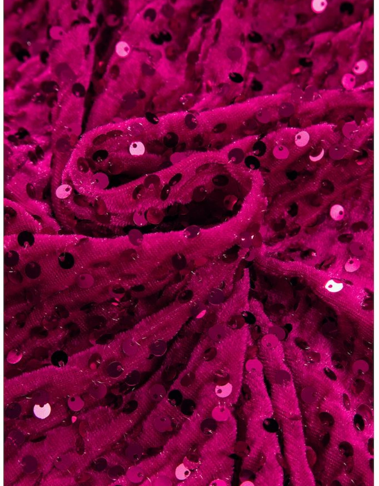 Pitaya Pink Velvet Sequin Long Sleeve V Neck Wrapped Mini Dress