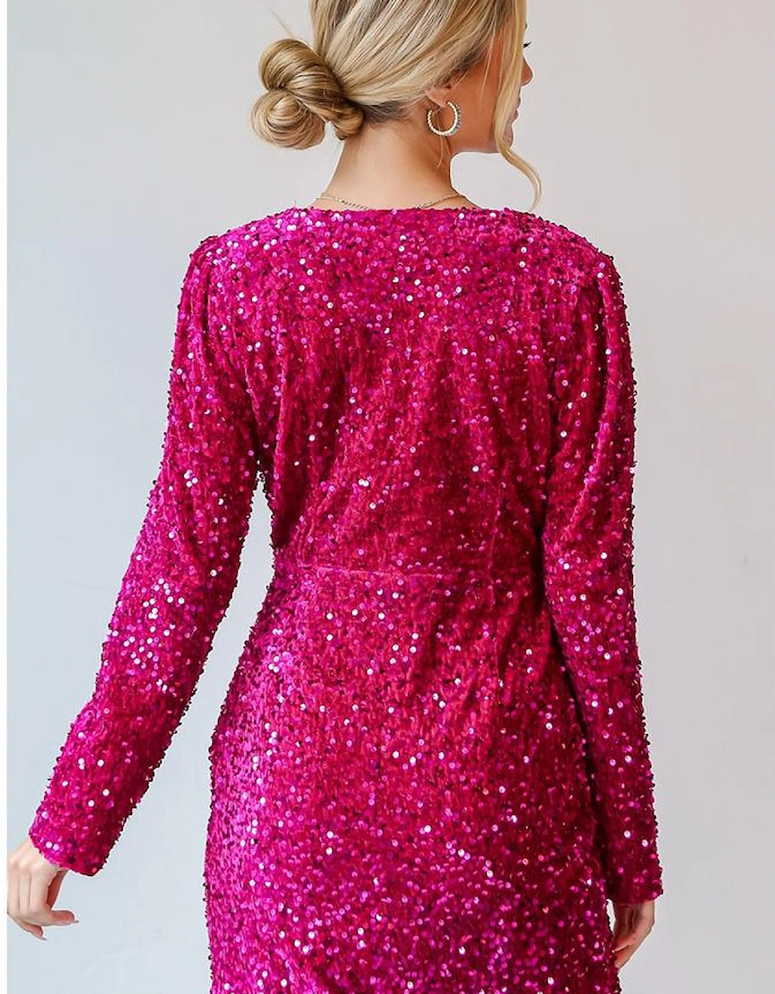 Pitaya Pink Velvet Sequin Long Sleeve V Neck Wrapped Mini Dress