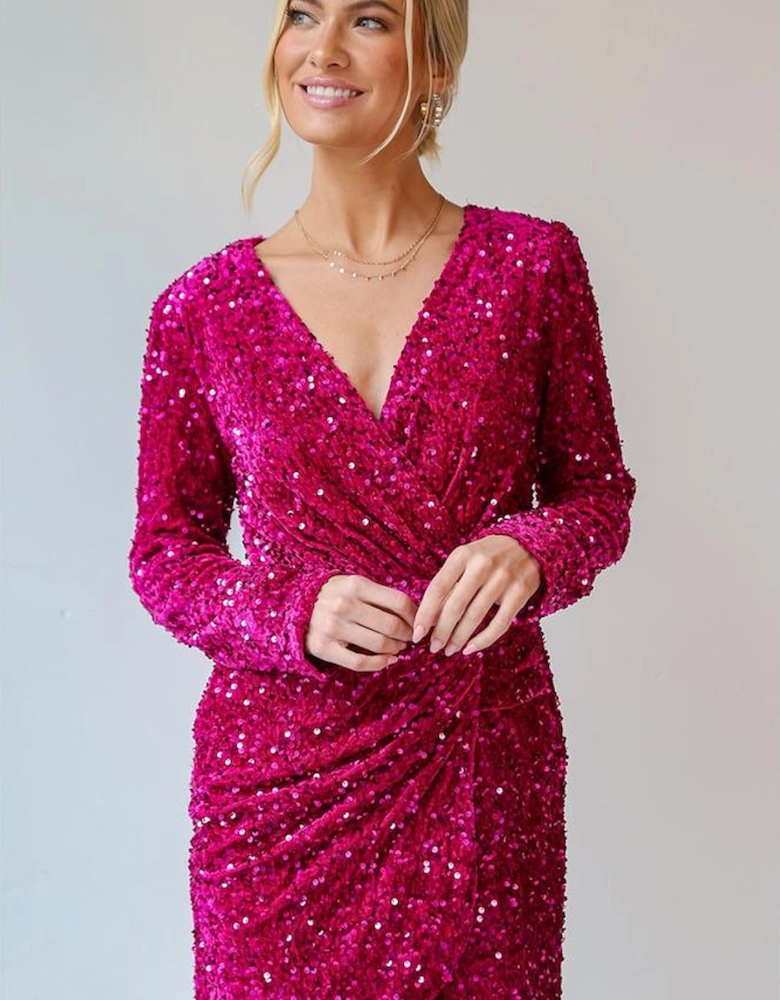 Pitaya Pink Velvet Sequin Long Sleeve V Neck Wrapped Mini Dress