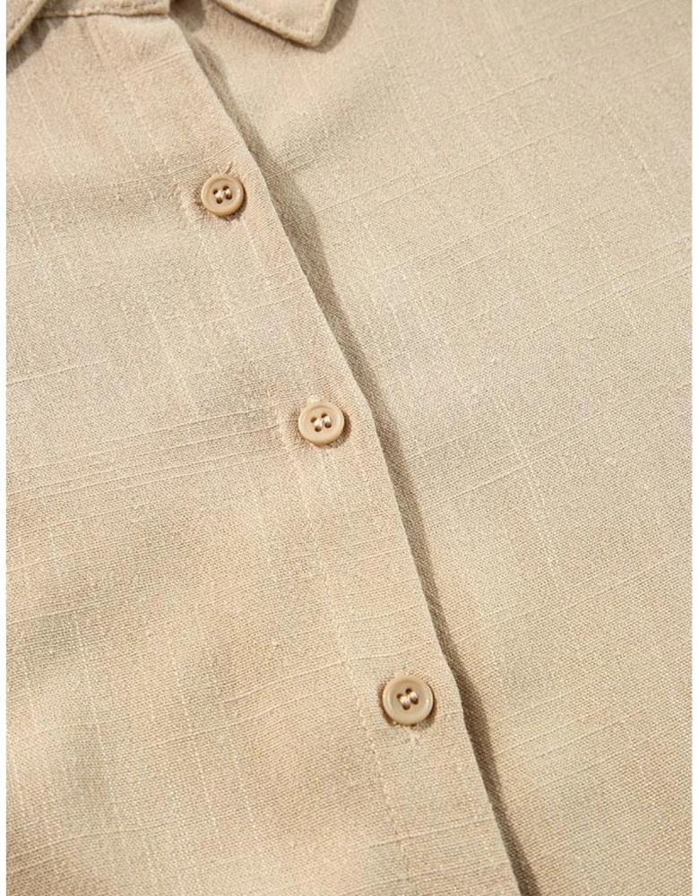 Tan Puff Sleeve Buttoned Tiered Pleated Shirt Mini Dress