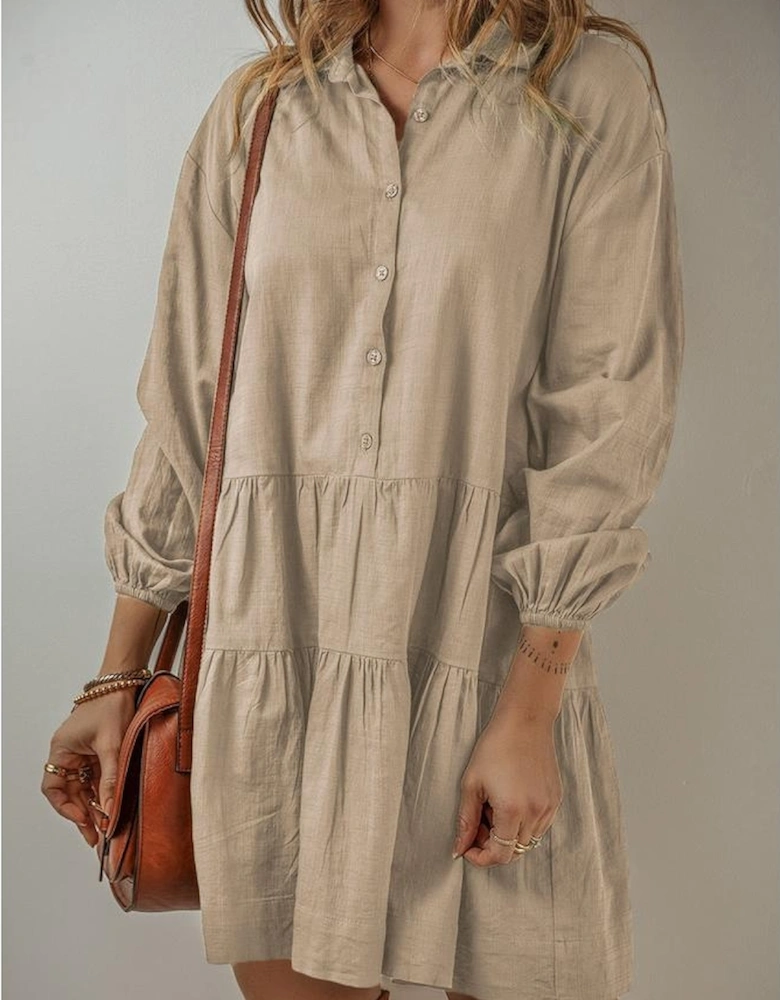 Tan Puff Sleeve Buttoned Tiered Pleated Shirt Mini Dress