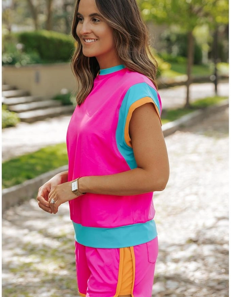 Rose Red Contrast Trim Cap Sleeve Tee Shorts Set