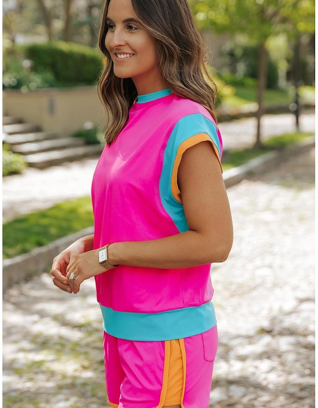 Rose Red Contrast Trim Cap Sleeve Tee Shorts Set