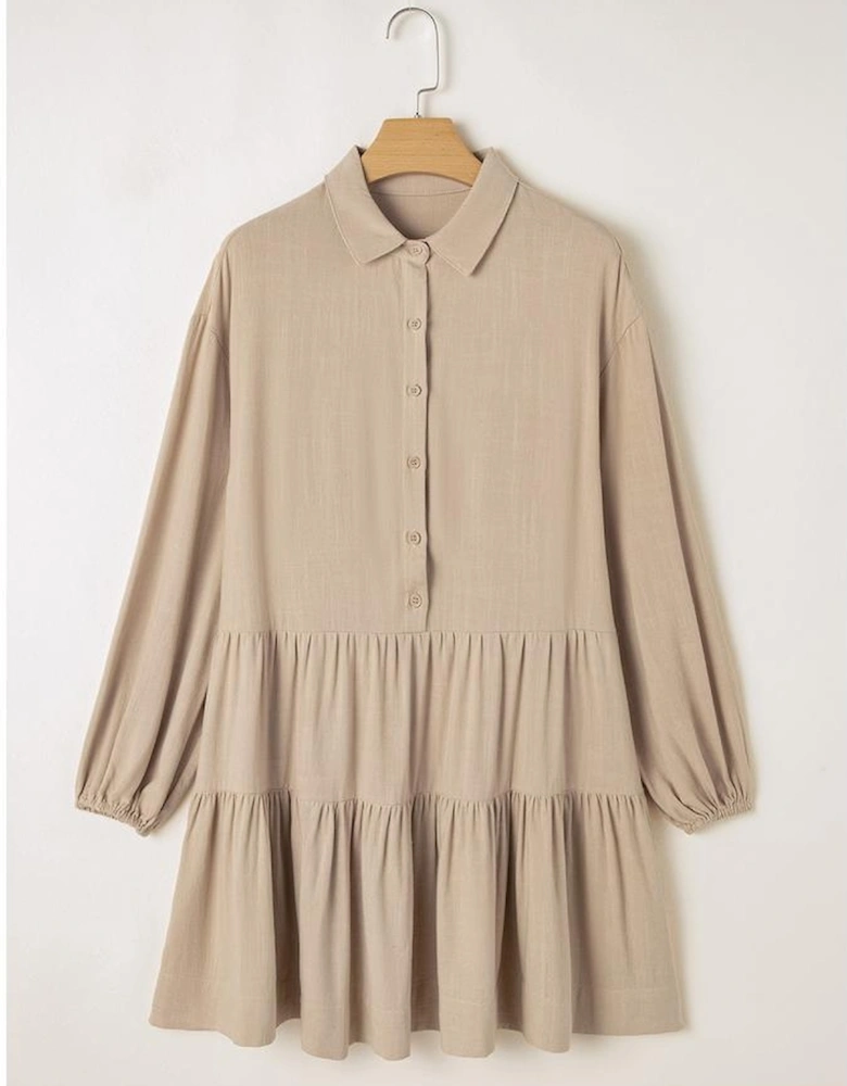 Tan Puff Sleeve Buttoned Tiered Pleated Shirt Mini Dress