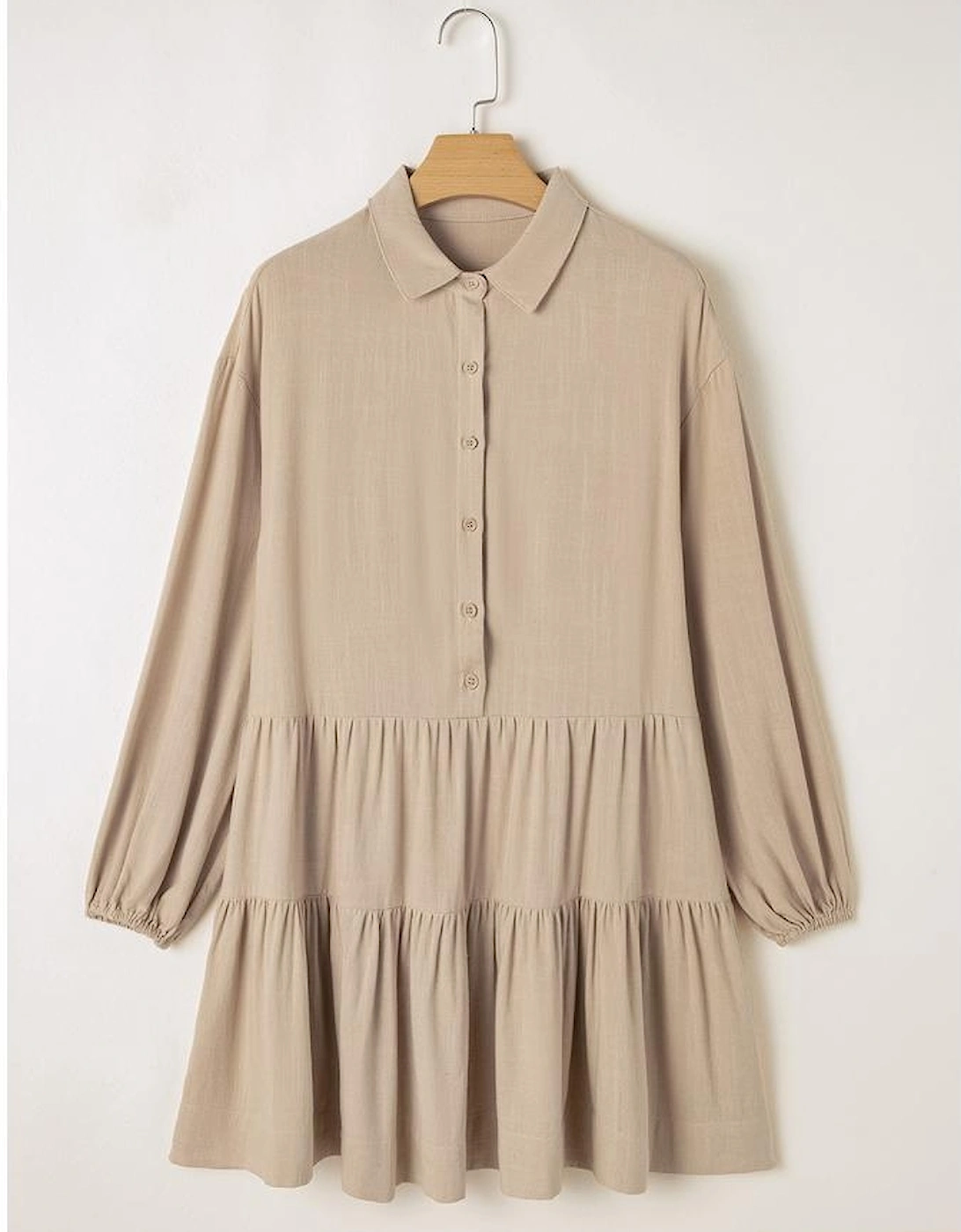 Tan Puff Sleeve Buttoned Tiered Pleated Shirt Mini Dress