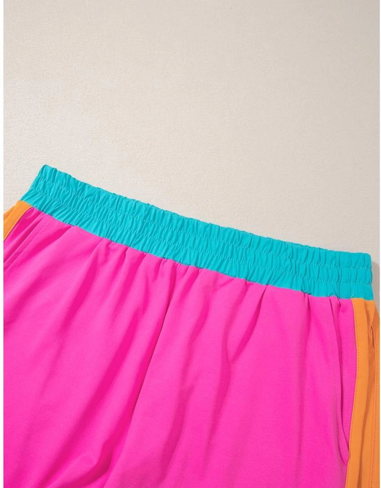 Rose Red Contrast Trim Cap Sleeve Tee Shorts Set