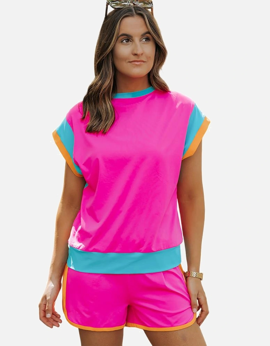 Rose Red Contrast Trim Cap Sleeve Tee Shorts Set