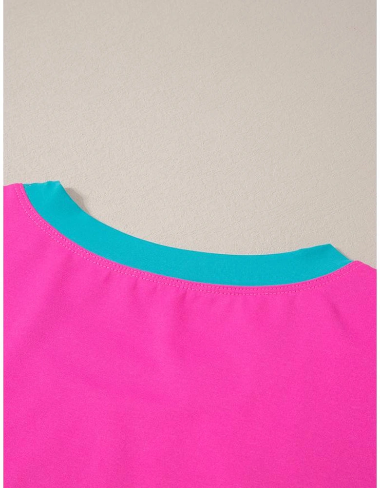 Rose Red Contrast Trim Cap Sleeve Tee Shorts Set