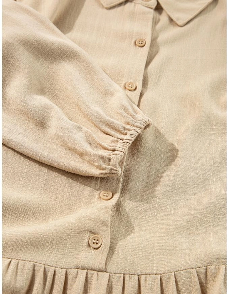Tan Puff Sleeve Buttoned Tiered Pleated Shirt Mini Dress