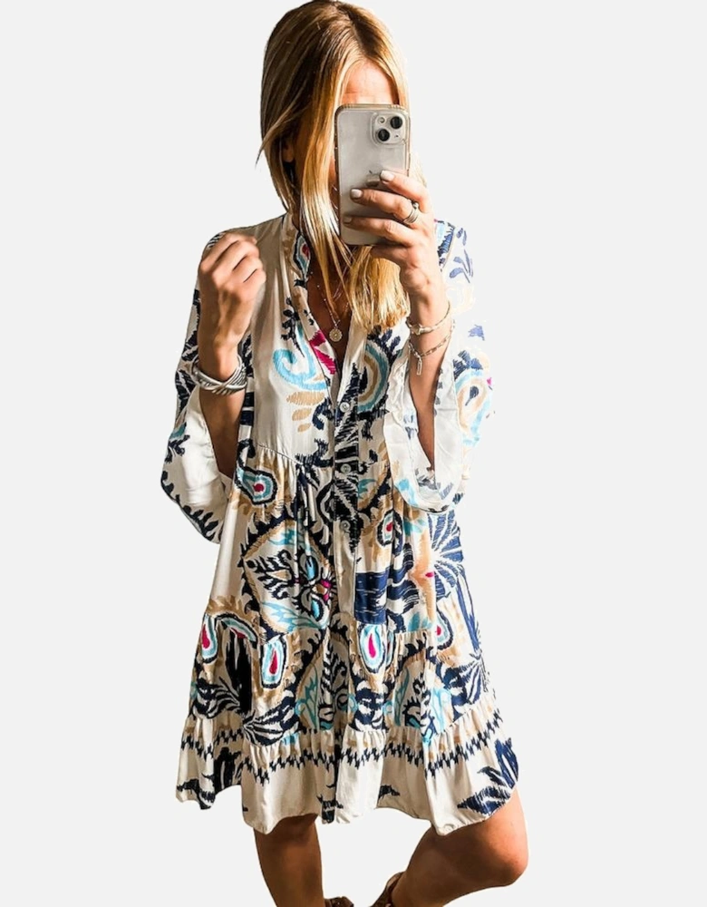 White Printed Tribal Print Bracelet Sleeve Buttoned Mini Dress