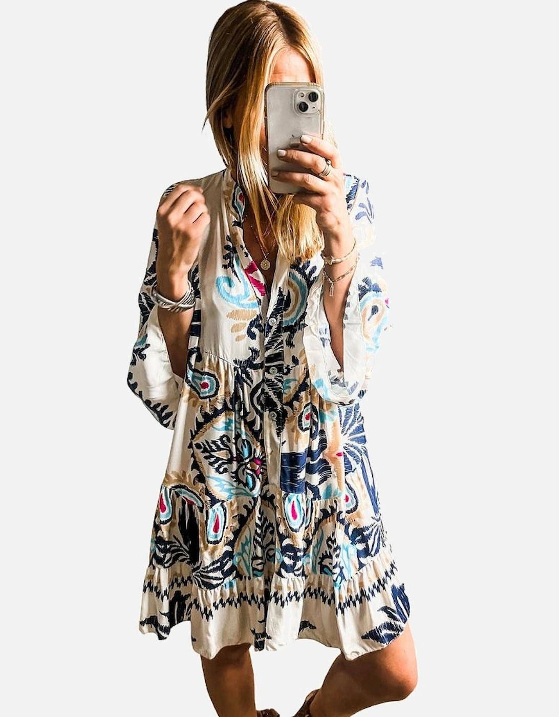 White Printed Tribal Print Bracelet Sleeve Buttoned Mini Dress