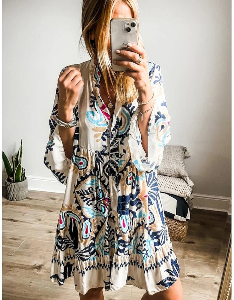 White Printed Tribal Print Bracelet Sleeve Buttoned Mini Dress