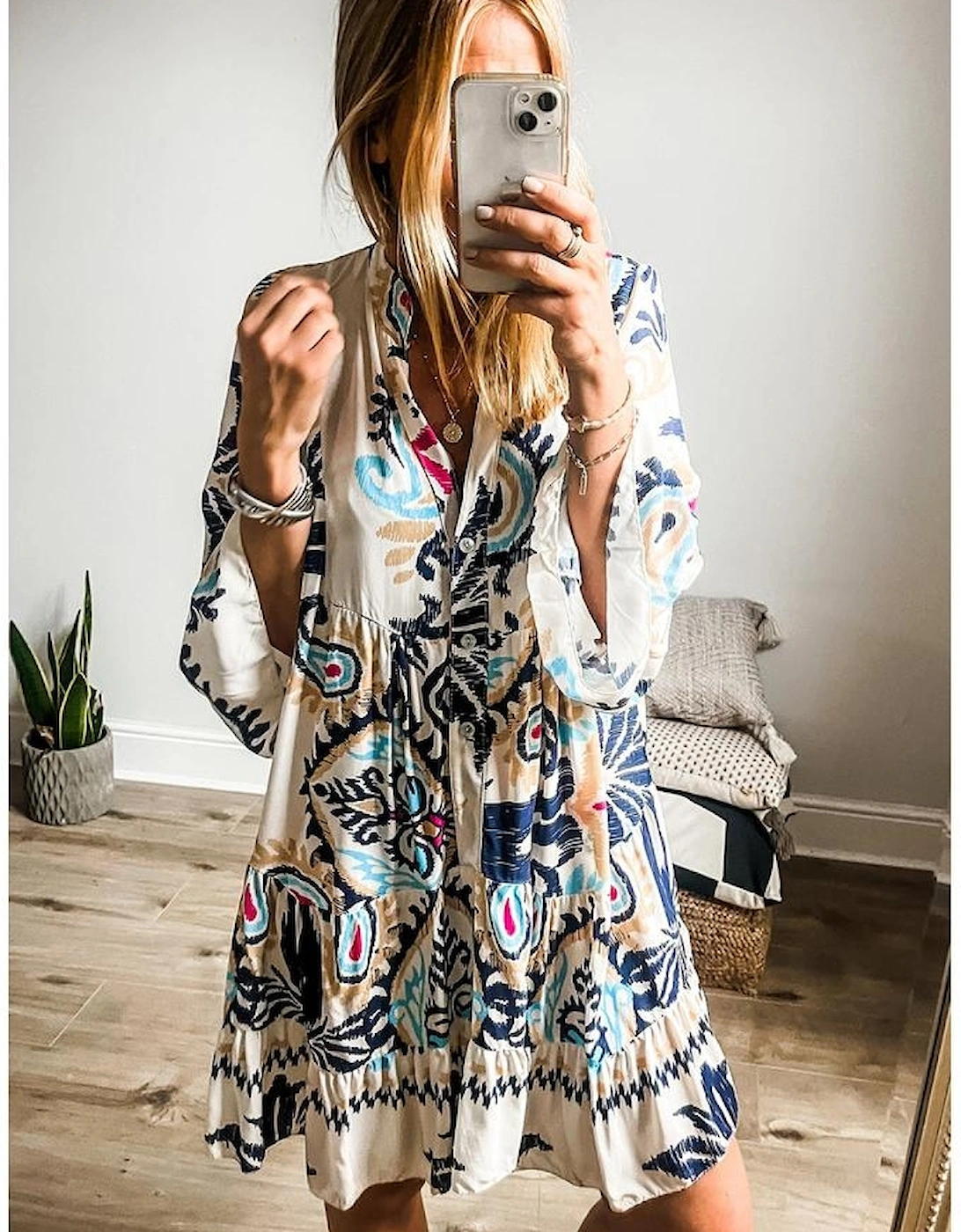 White Printed Tribal Print Bracelet Sleeve Buttoned Mini Dress