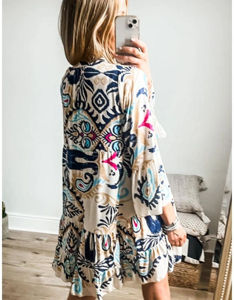 White Printed Tribal Print Bracelet Sleeve Buttoned Mini Dress