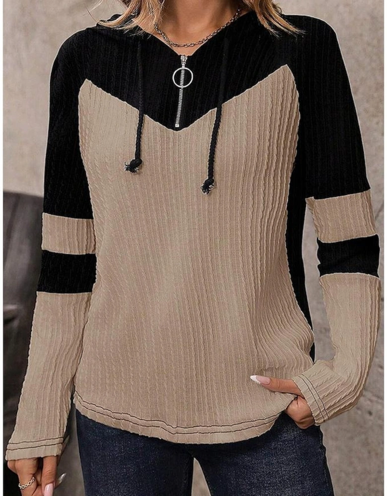 Parchment Textured Colorblock Long Sleeve Quarter Zip Drawstring Hooded Top