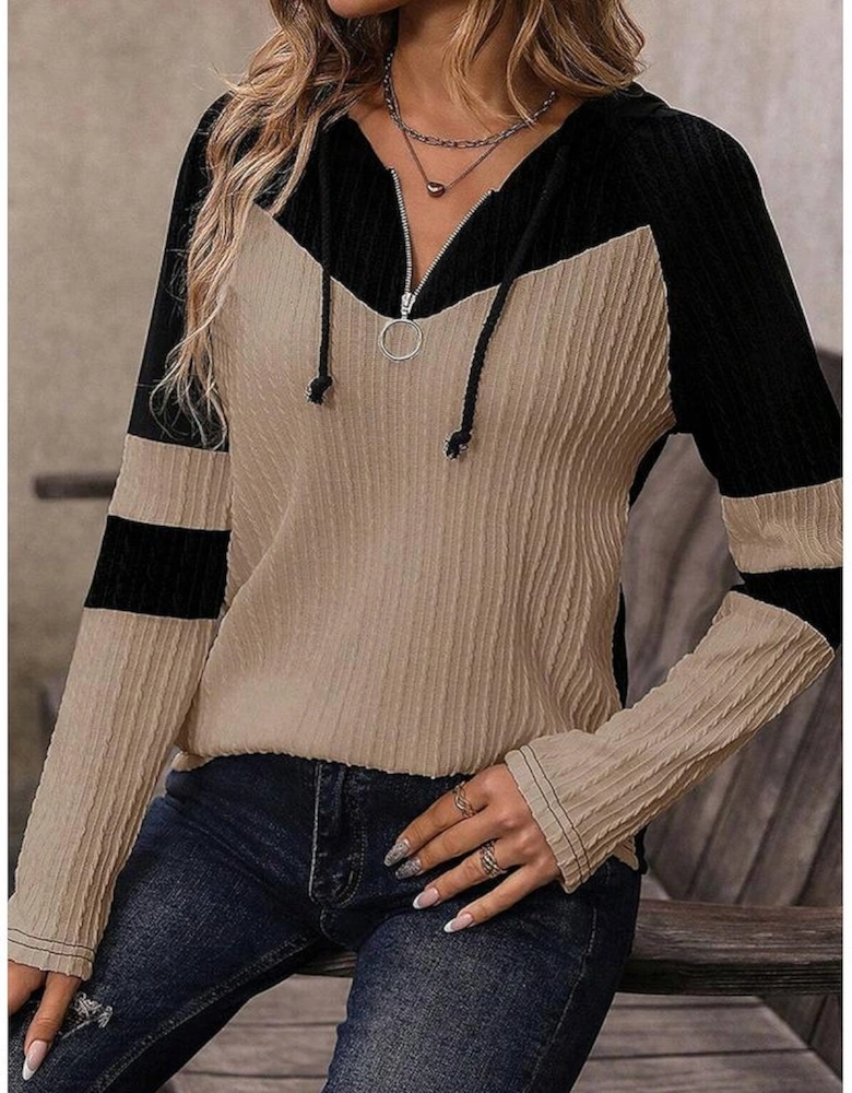 Parchment Textured Colorblock Long Sleeve Quarter Zip Drawstring Hooded Top