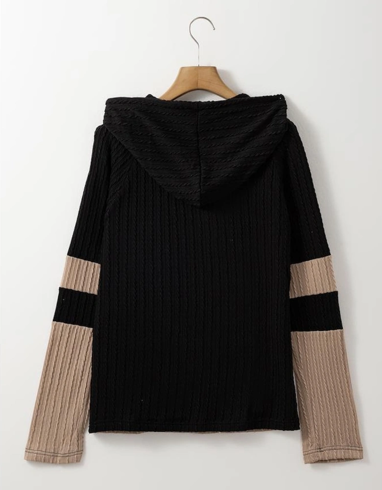 Parchment Textured Colorblock Long Sleeve Quarter Zip Drawstring Hooded Top