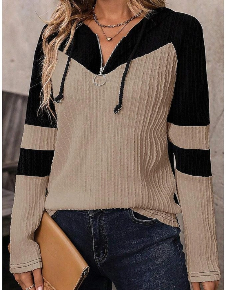 Parchment Textured Colorblock Long Sleeve Quarter Zip Drawstring Hooded Top