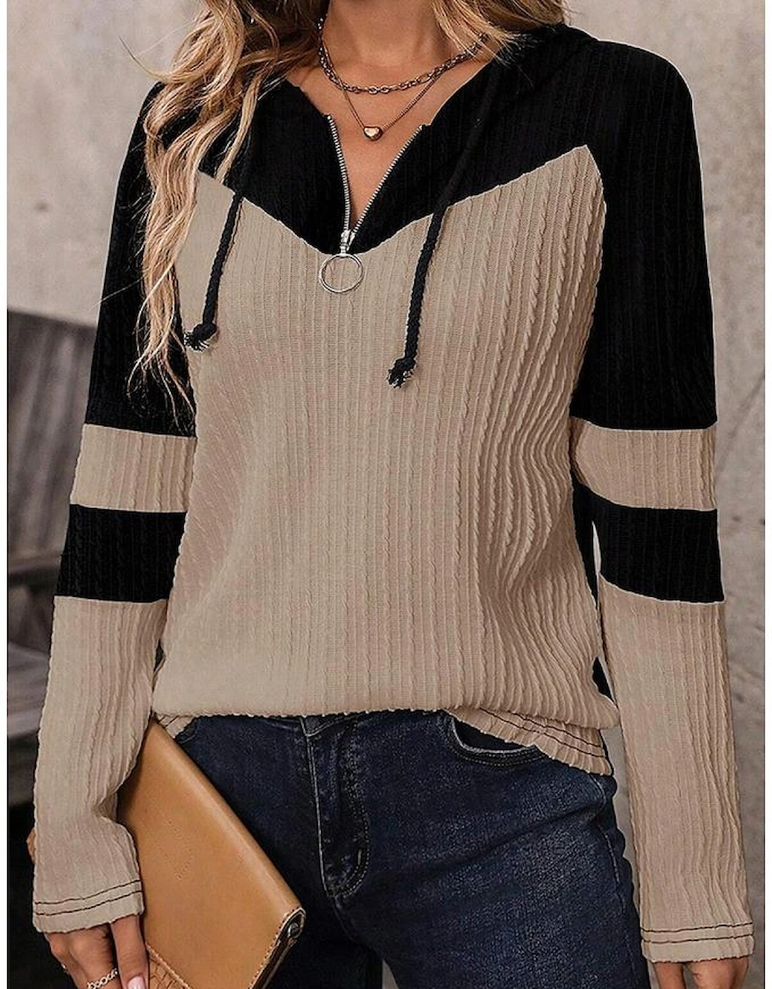 Parchment Textured Colorblock Long Sleeve Quarter Zip Drawstring Hooded Top
