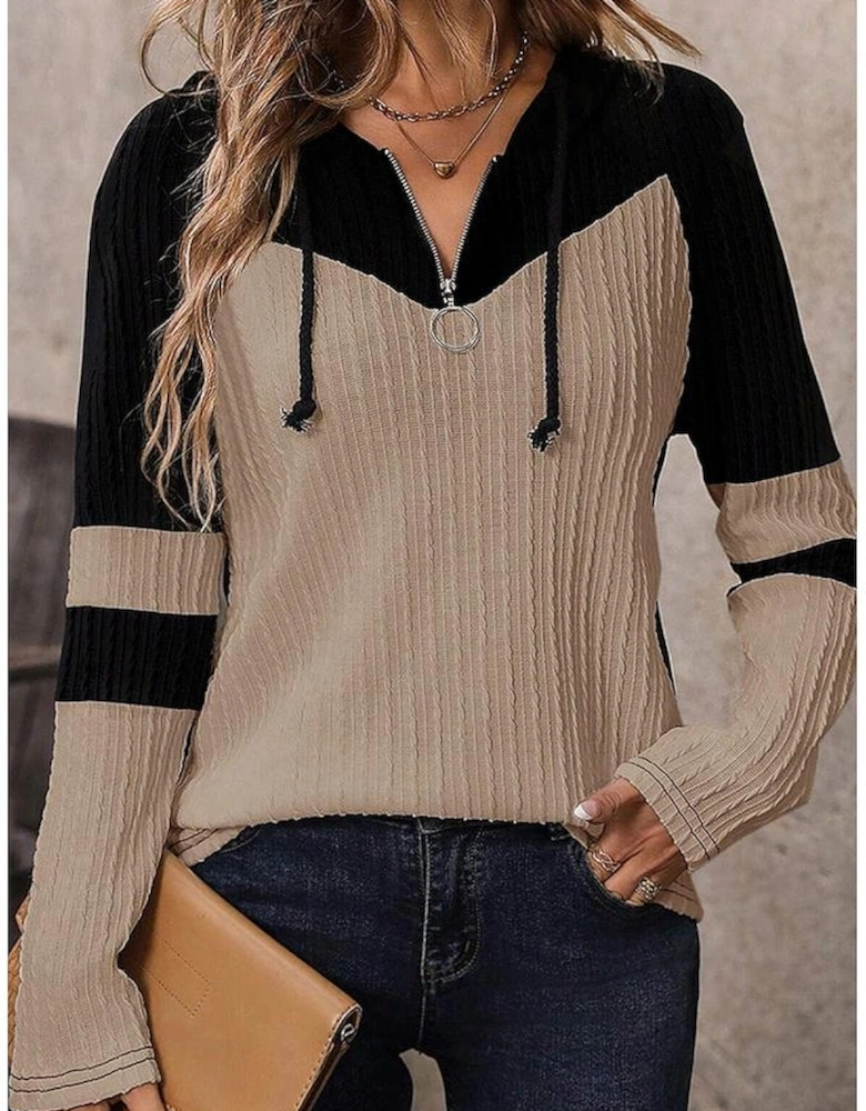 Parchment Textured Colorblock Long Sleeve Quarter Zip Drawstring Hooded Top