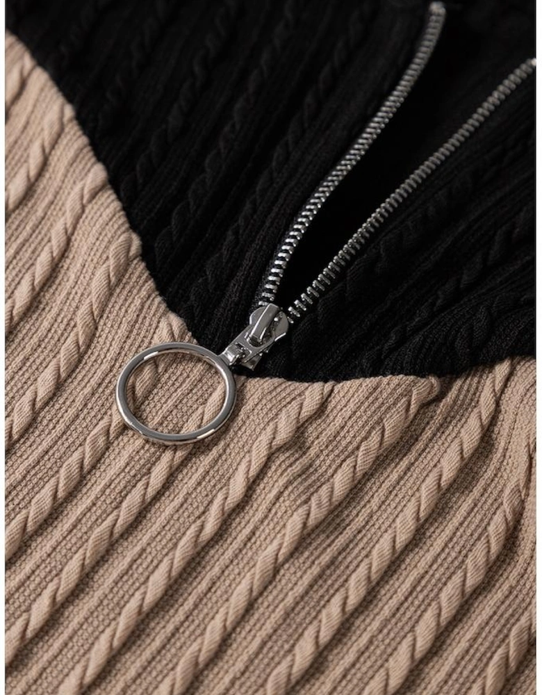 Parchment Textured Colorblock Long Sleeve Quarter Zip Drawstring Hooded Top