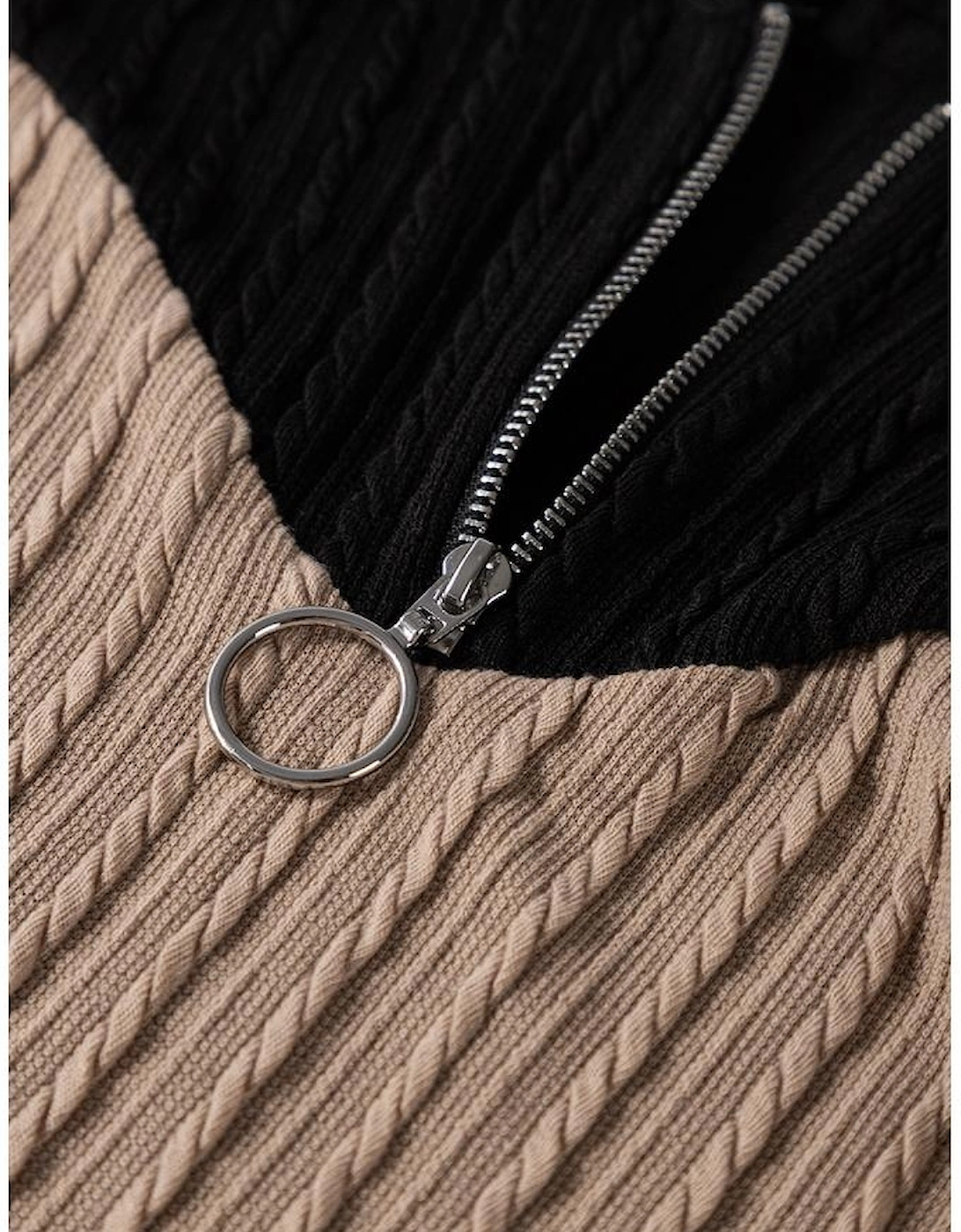 Parchment Textured Colorblock Long Sleeve Quarter Zip Drawstring Hooded Top