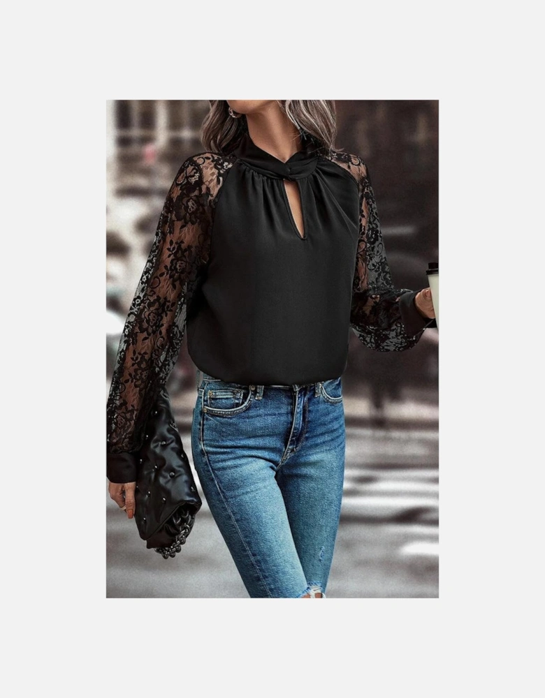Black Keyhole Neckline Floral Lace Raglan Sleeve Blouse