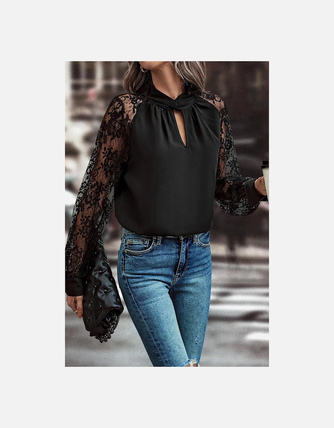 Black Keyhole Neckline Floral Lace Raglan Sleeve Blouse