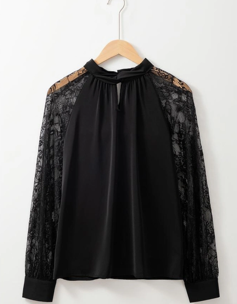 Black Keyhole Neckline Floral Lace Raglan Sleeve Blouse