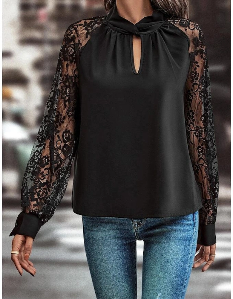 Black Keyhole Neckline Floral Lace Raglan Sleeve Blouse