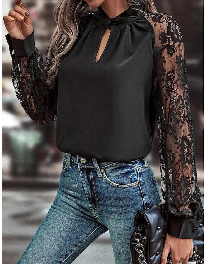 Black Keyhole Neckline Floral Lace Raglan Sleeve Blouse