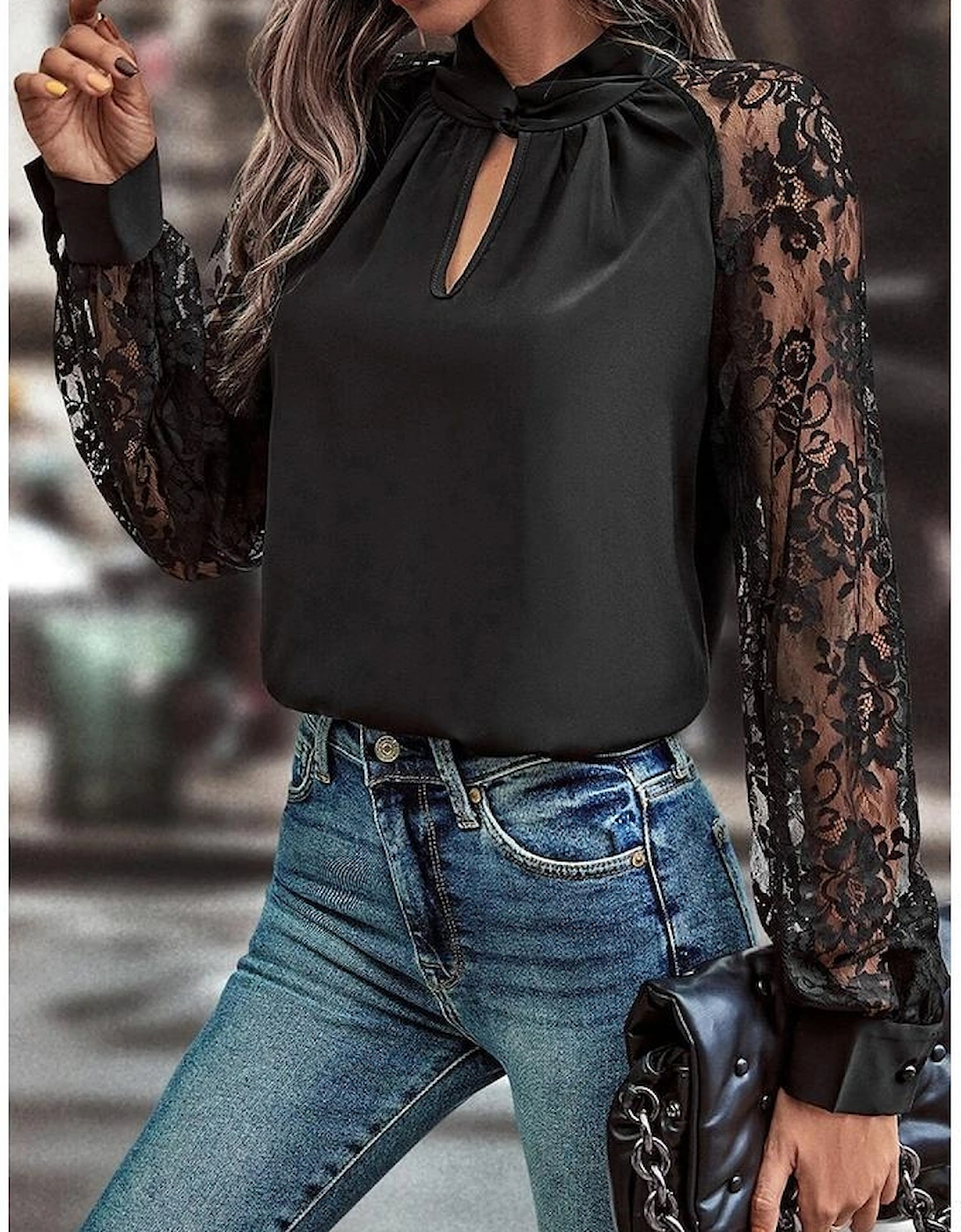 Black Keyhole Neckline Floral Lace Raglan Sleeve Blouse