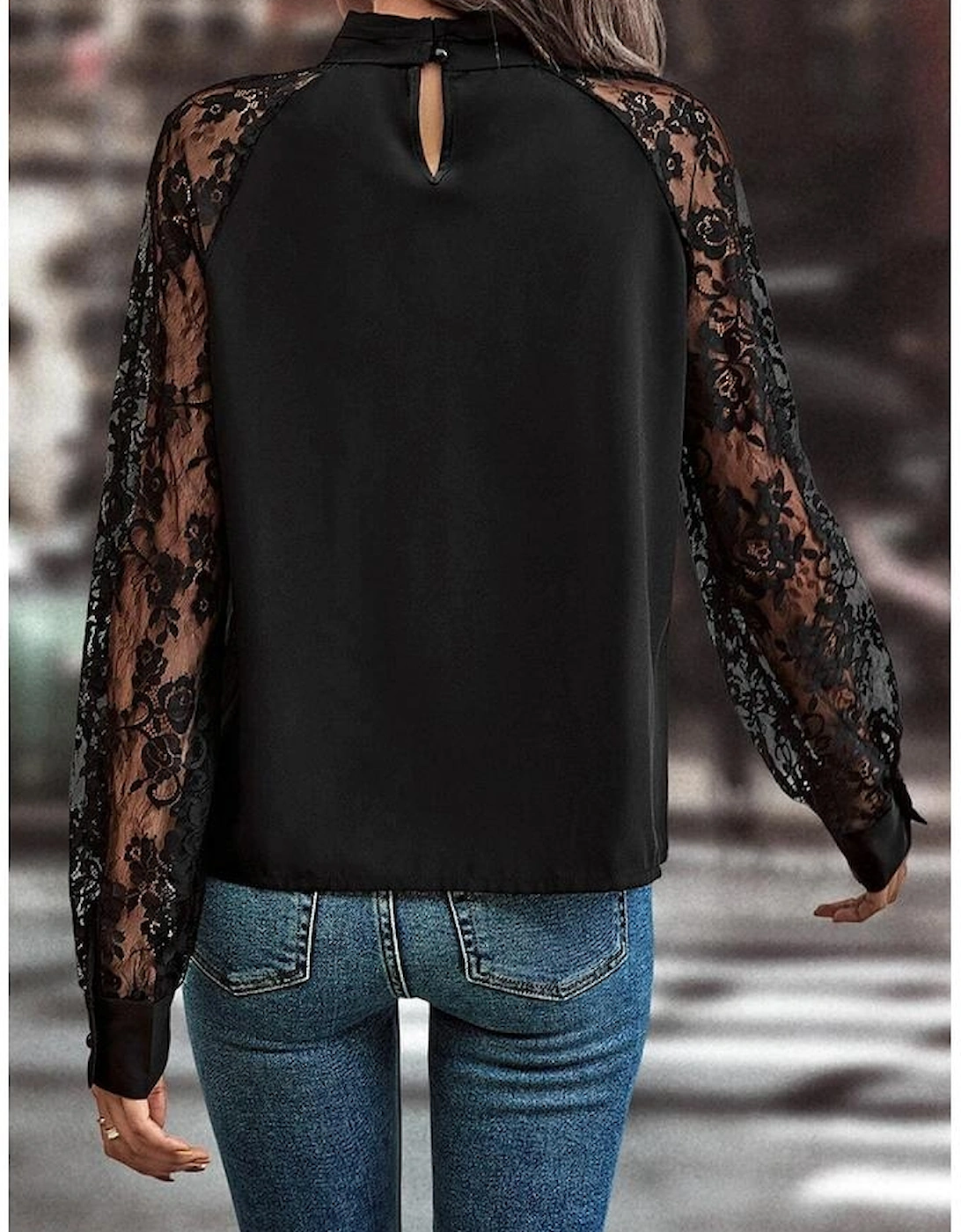 Black Keyhole Neckline Floral Lace Raglan Sleeve Blouse
