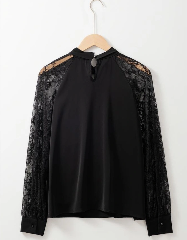 Black Keyhole Neckline Floral Lace Raglan Sleeve Blouse