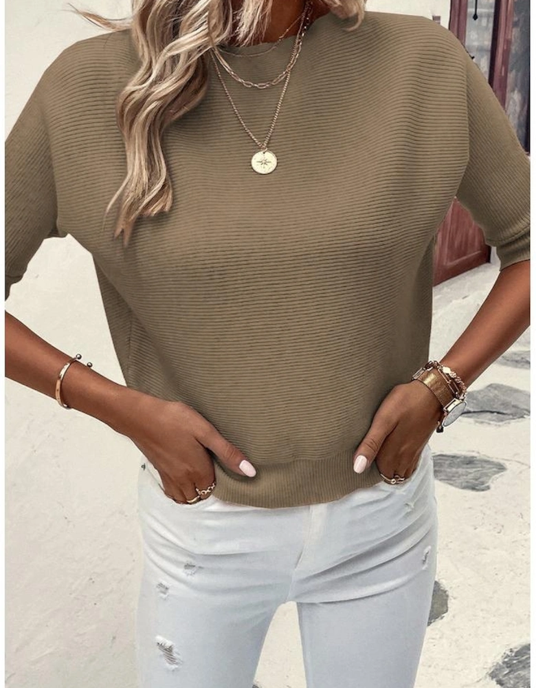 Coffee Round Neck Half Sleeve Ribbed Knit Top