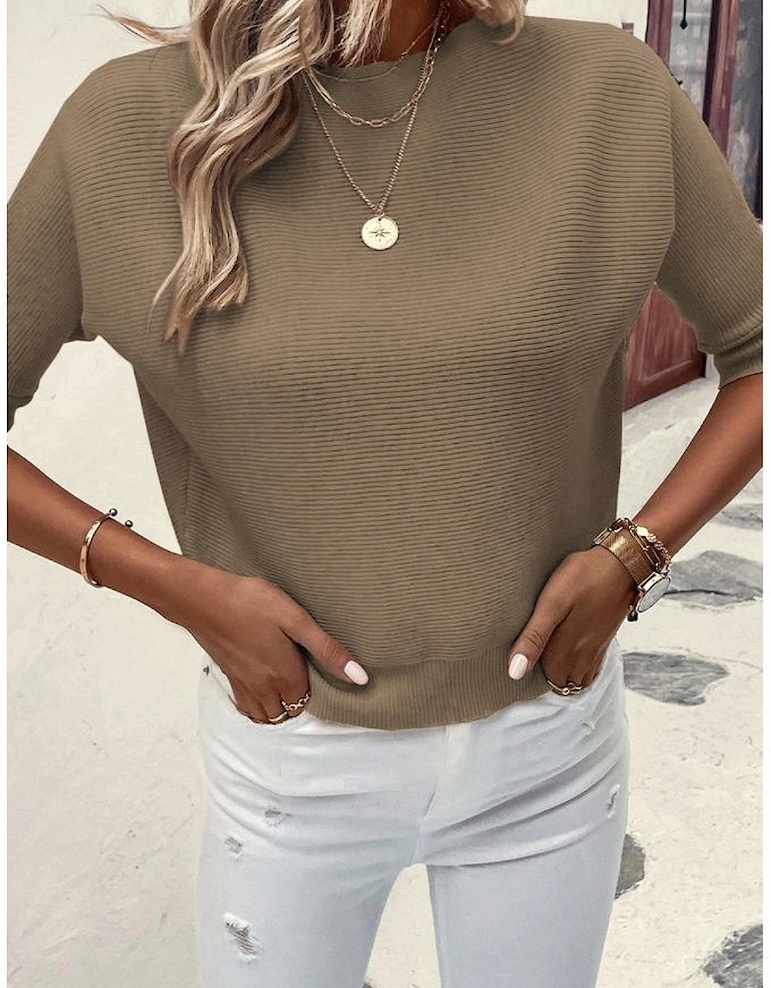 Coffee Round Neck Half Sleeve Ribbed Knit Top