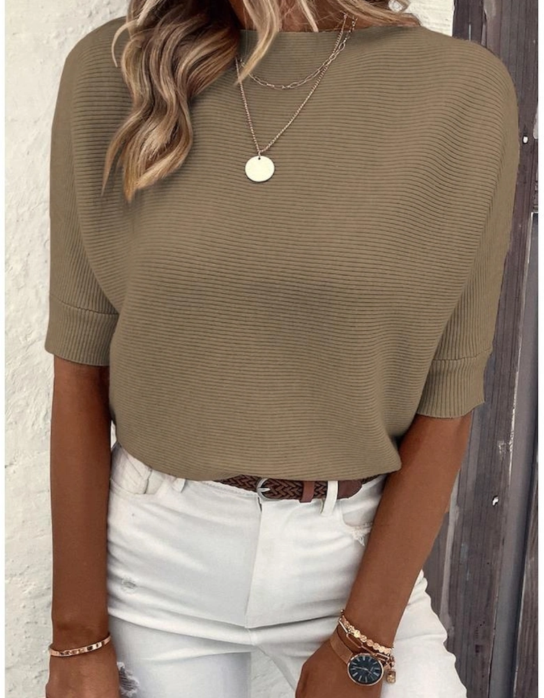 Coffee Round Neck Half Sleeve Ribbed Knit Top