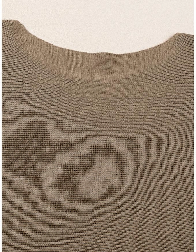 Coffee Round Neck Half Sleeve Ribbed Knit Top