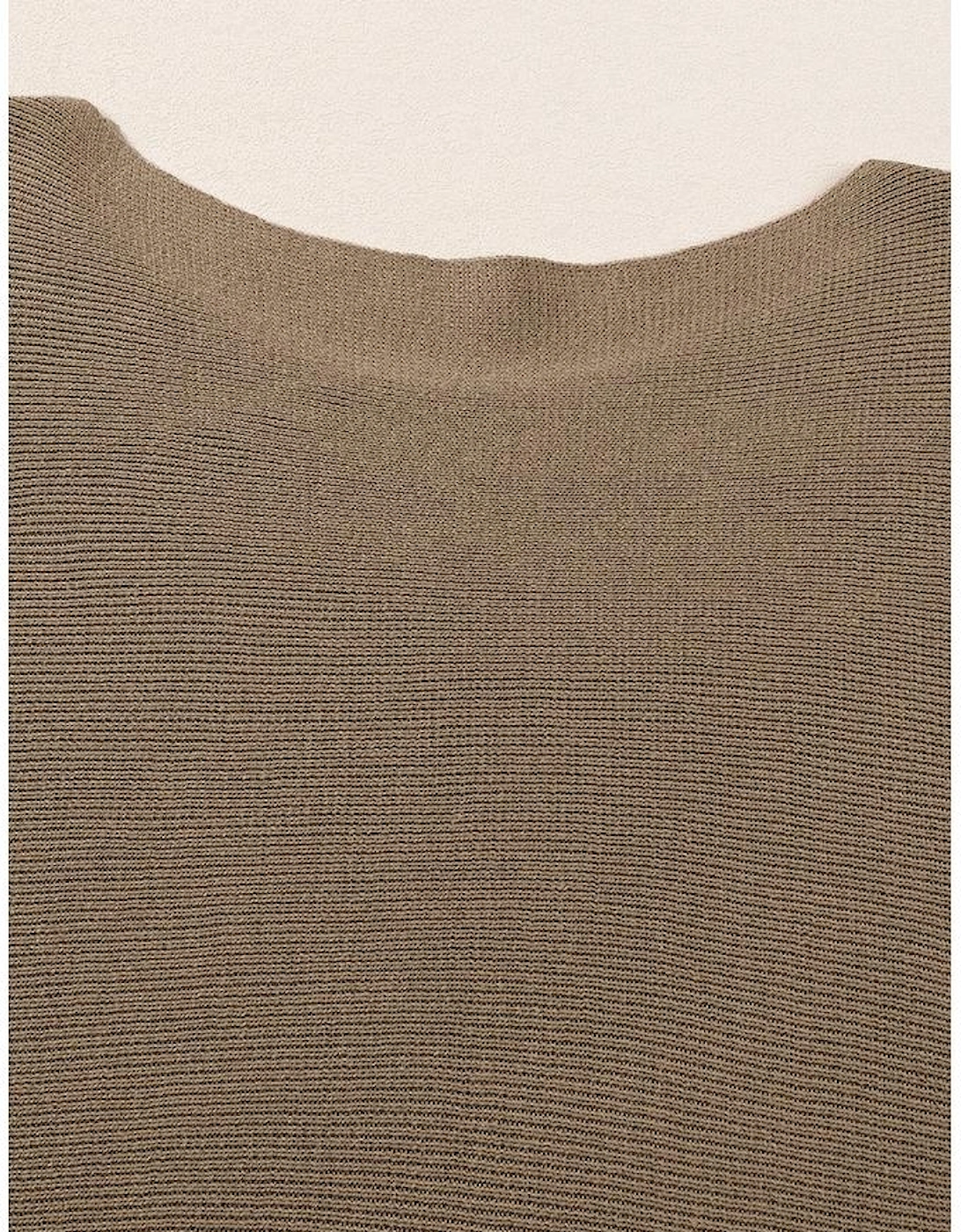 Coffee Round Neck Half Sleeve Ribbed Knit Top